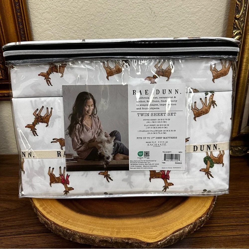 NWT- Rae Dunn Twin Sheet Set - White W/Festive Reindeer Easy Care
